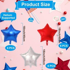 18 Pack 18 Inch Red White Blue Star Balloons, Metallic Foil Star-Shaped Heliu…