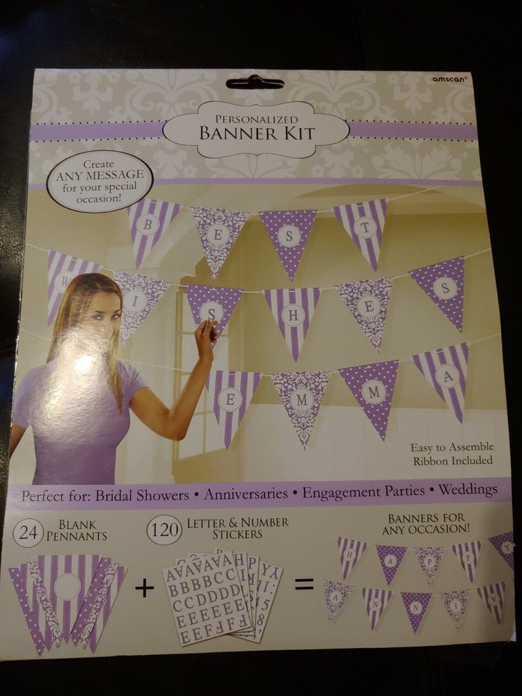 PERSONALIZED PENNANT BANNER PARTY PURPLE STRIPES POLKA DOTS