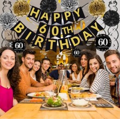BLACK & GOLD 60th Birthday/Anniv Banner, Pom Poms, Sparkling 60 Hanging Swirls