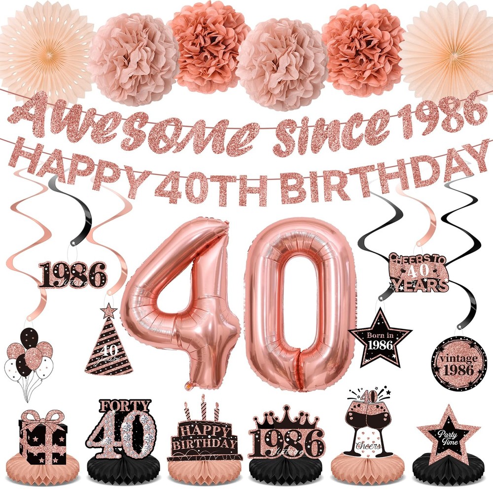 40th Birthday Decorations Kit for Women, Rose Gold Happy 40th Birthday Banner, A