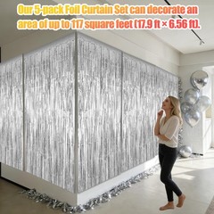 5 PCS Silver Metallic Tinsel Foil Fringe Curtains 3.28×6.56 Ft Photo Backdrop