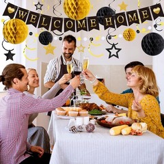 Welcome Home Decorations Banner with Glitter Stars Hanging Black