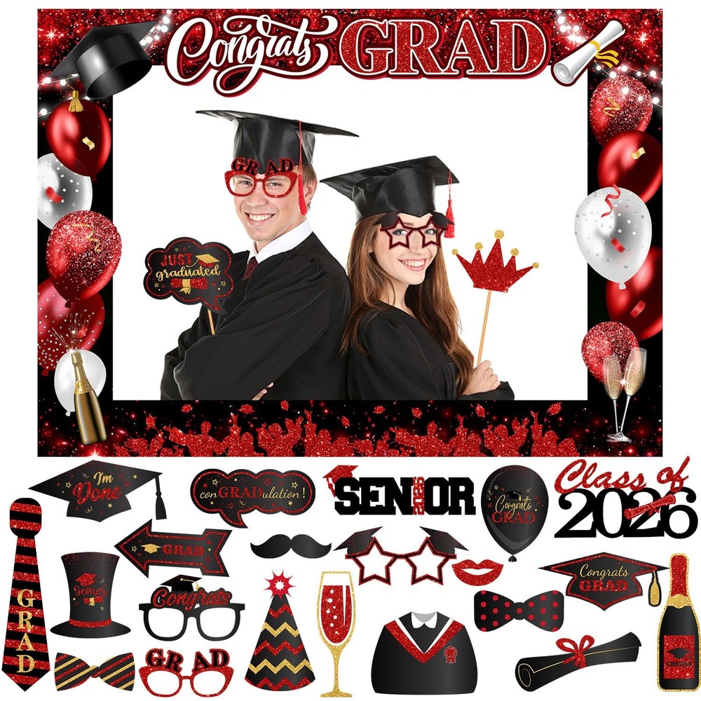 Graduation Photo Booth Props-Red Class of 2026 Party Red