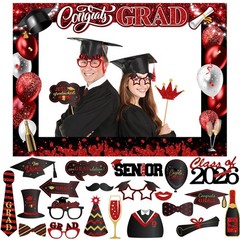 Graduation Photo Booth Props-Red Class of 2026 Party Red
