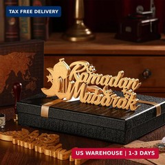 Yuntau 2 Pcs Ramadan Mubarak Wood Sign Eid Mubarak Wooden Table Centerpiece Rama