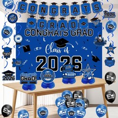 Graduation Decorations 2026 Blue Themed Set, Congrats Grad Banner, Class of 2026