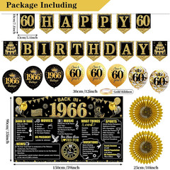 60Th Birthday Decorations Kit for Men Women, Black Gold 24PCS Back in 1966 Banne
