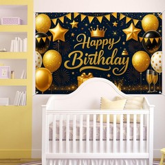 Birthday Decoration Banner 71×43 Inch Black and Gold Happy Birthday Backdrop …