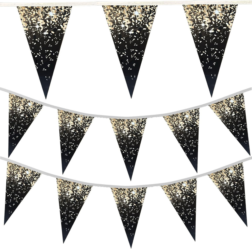 100ft New Years Eve Black Gold Pennant Banner Flags Party Decorations