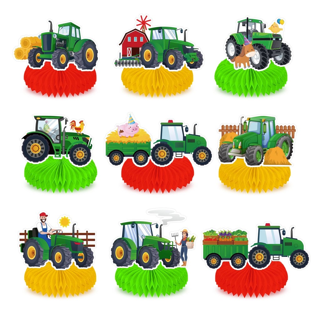9 Pcs Tractor Honeycomb Centerpieces Farm Green Tractor Themed Party Supplies