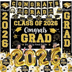 Graduation Decorations Class of 2026 – 18in, 12in, 10-inch, C2 Black and Gold