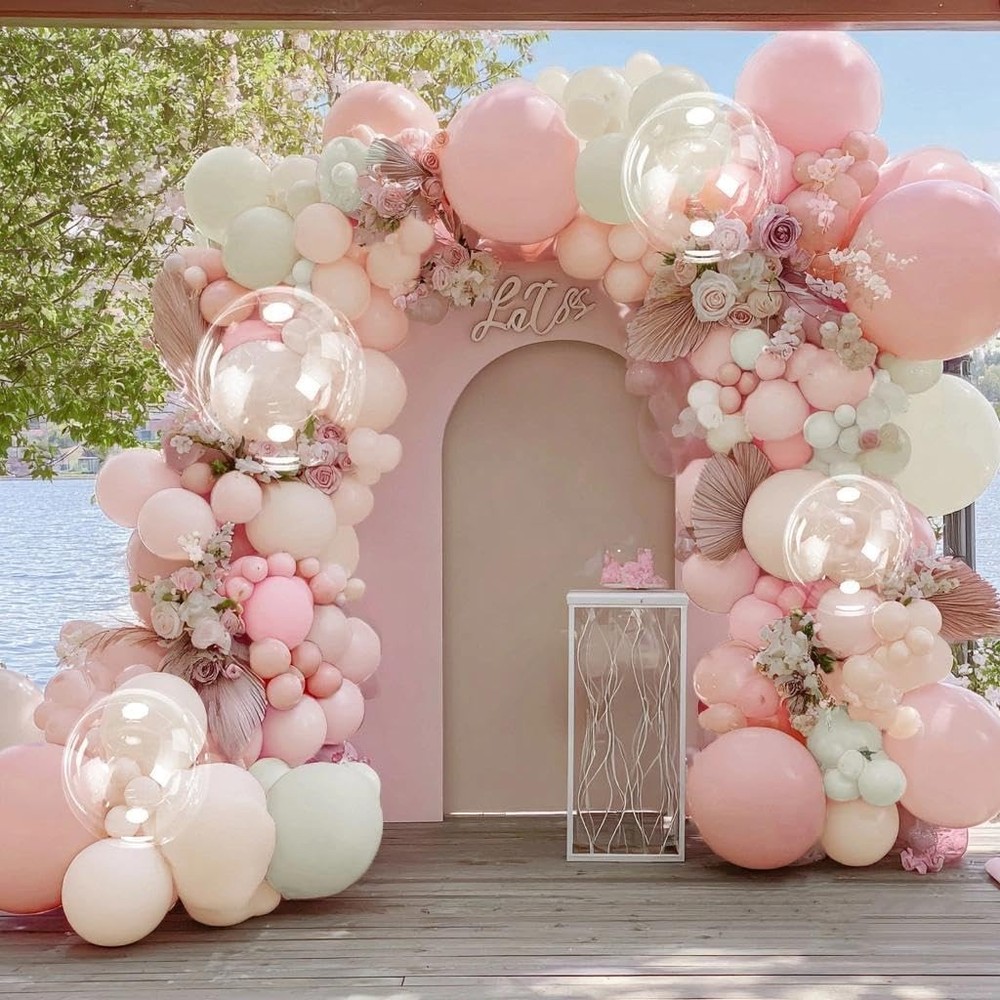 Pastel Pink White Balloon Arch Double Light Pink White Sand Beige Balloon Gar…