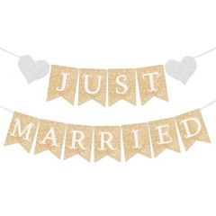 Just Married Banner, PreStrung Gold Glitter Wedding Reception Decor Banner fo…
