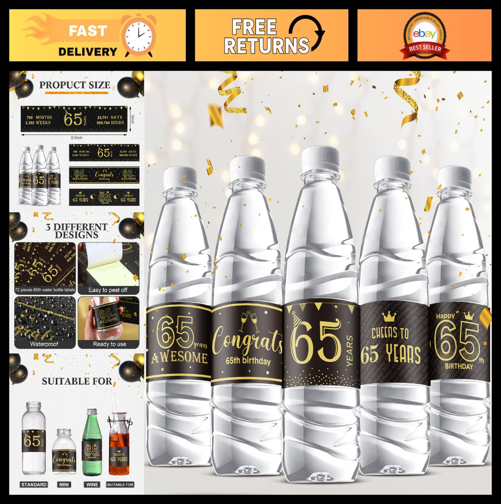 72 Pcs 65th Birthday Party Decorations – Black Gold Mini Bottle Labels & Sticker