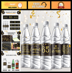 72 Pcs 65th Birthday Party Decorations – Black Gold Mini Bottle Labels & Sticker