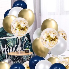 Navy Blue and Gold Confetti Balloons, 50 Pcs 12 Inch Pearl White and Gold Metall