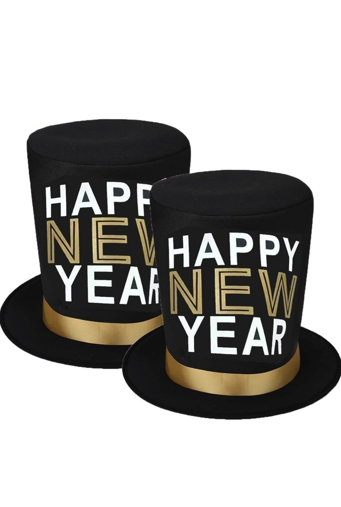 2 Pcs Black Gold Happy New Year Hat, New Year Top Hat for Men and Women