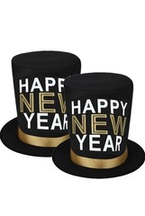 2 Pcs Black Gold Happy New Year Hat, New Year Top Hat for Men and Women