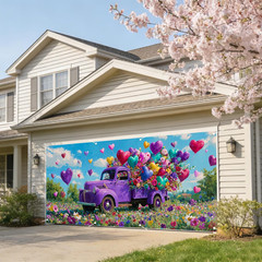 Spring Garage Door Cover Romantic Purple Truck Heart Balloon Flower Field Decora