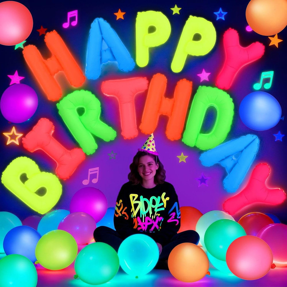 43 Pcs Neon Birthday Party Decorations Glow in the Dark Party Supplies Happy Bir
