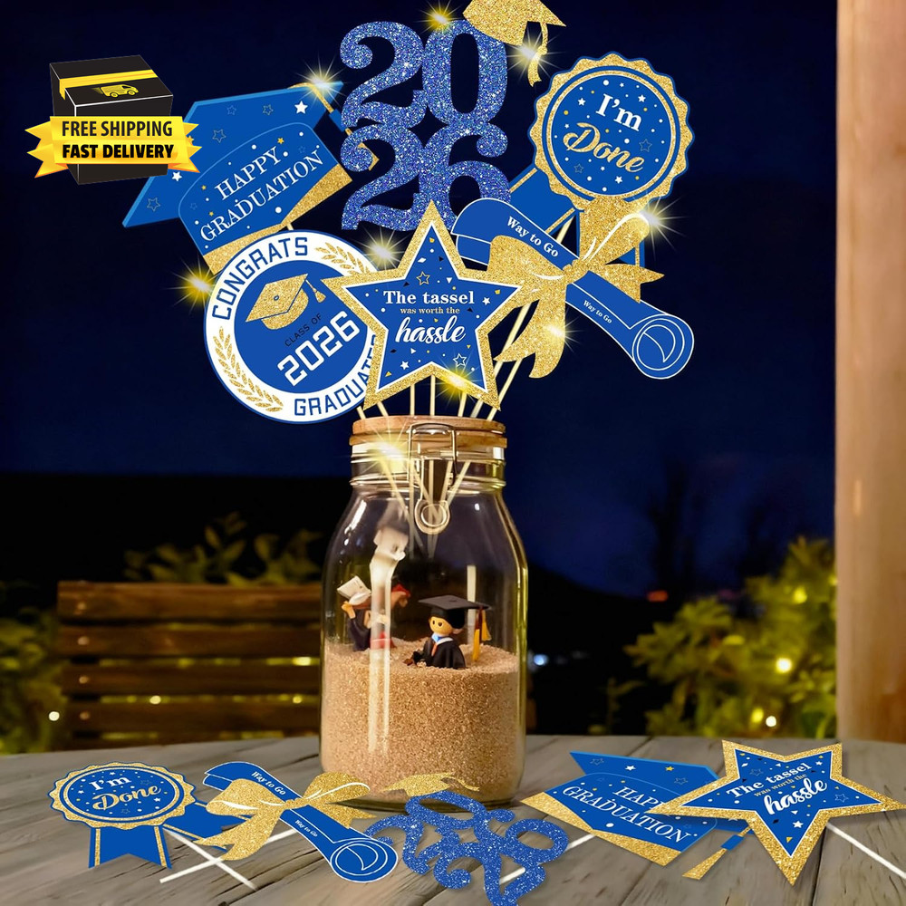 Graduation Decorations for Class of 2026-30Pcs Glitter Blue Gold Graduation Tabl