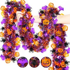 50 FT Halloween Tinsel Garland – Orange Pumpkin, Black Spider, Purple Bat Decor
