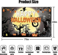 Happy Birthday Halloween Backdrop,Horror Theme Pumpkin,Ghouls,spide,Moon,Witch P