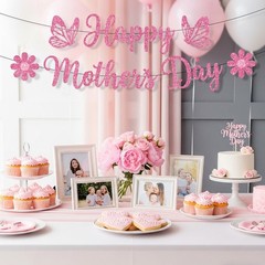 Mothers Day Banner Decorations, Happy 7 inches by 5 inches, Pink