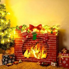 3D Artificial Wooden Fireplace Prop with Light Strip, 27″x23″x3.4″ Red Firepl…