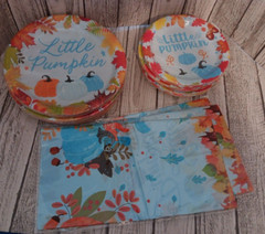 99 Pcs Little Pumpkin Plates & Tablecloth Thanksgiving Party Supplies Boy