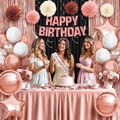Rose Gold Birthday Decorations Set – Pack of 47, Balloons, Pompoms, Banner
