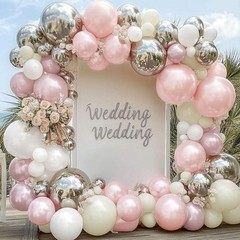 Pink White Silver Balloon Arch Double Pearl White Pink Balloon Garland with S…