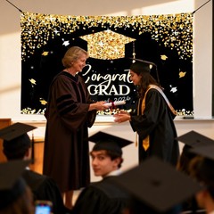 Class of 2026 Graduation Backdrop Banner Black Gold Congrats Grad Party Decor