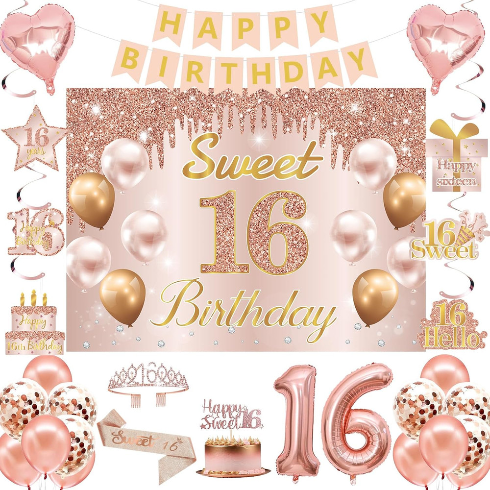 Sweet 16 Party Decorations, Sweet 16Th Birthday Crown and Sash Pink Rose Gold Si