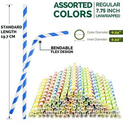 Flexible Paper Drinking Straws, 250 Count, 7.75″ Long, 0.24″ diameter – 100% …