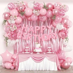 Pink Decorations with Happy Banner Light Pearl Metallic Pink and White Balloo…