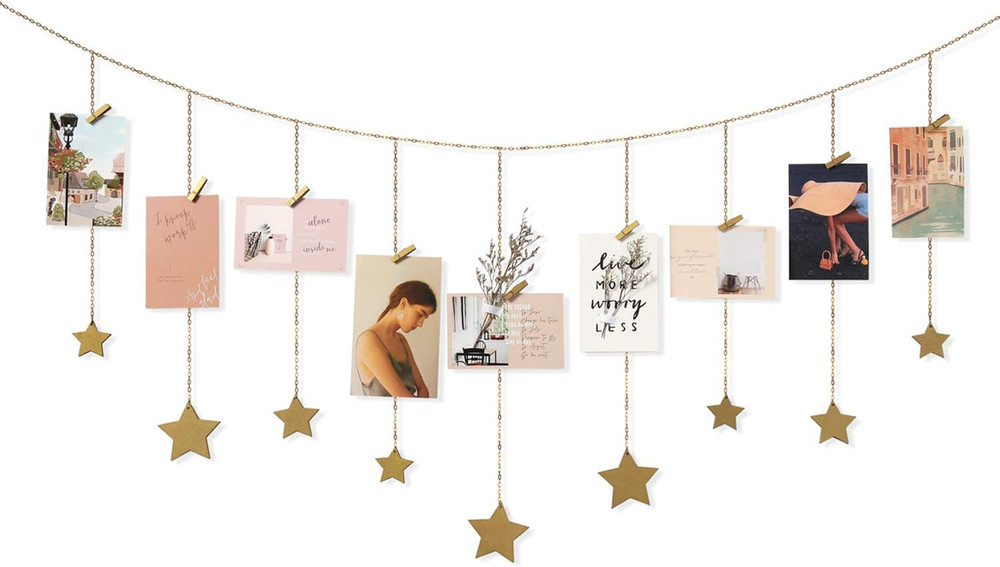 Mkono Hanging Photo Display Boho Decor Wooden Stars Garland with Metal Chains, P