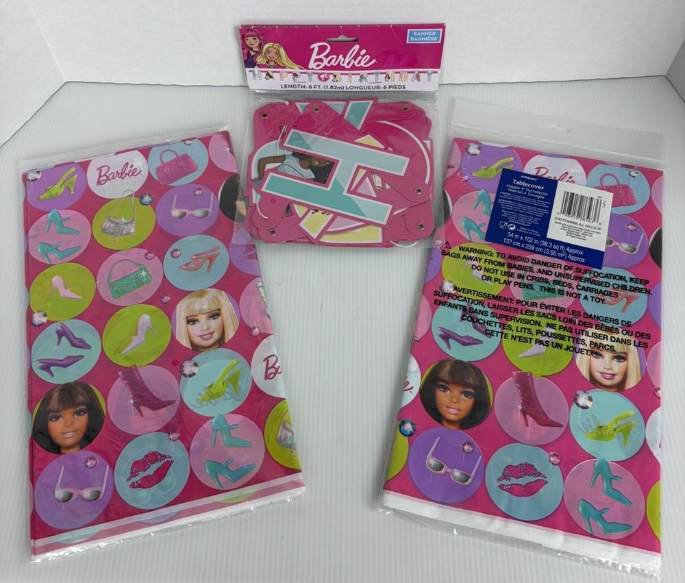 BARBIE Party Set Two Table Covers & «Happy Birthday» Banner in Original Pkgs NEW