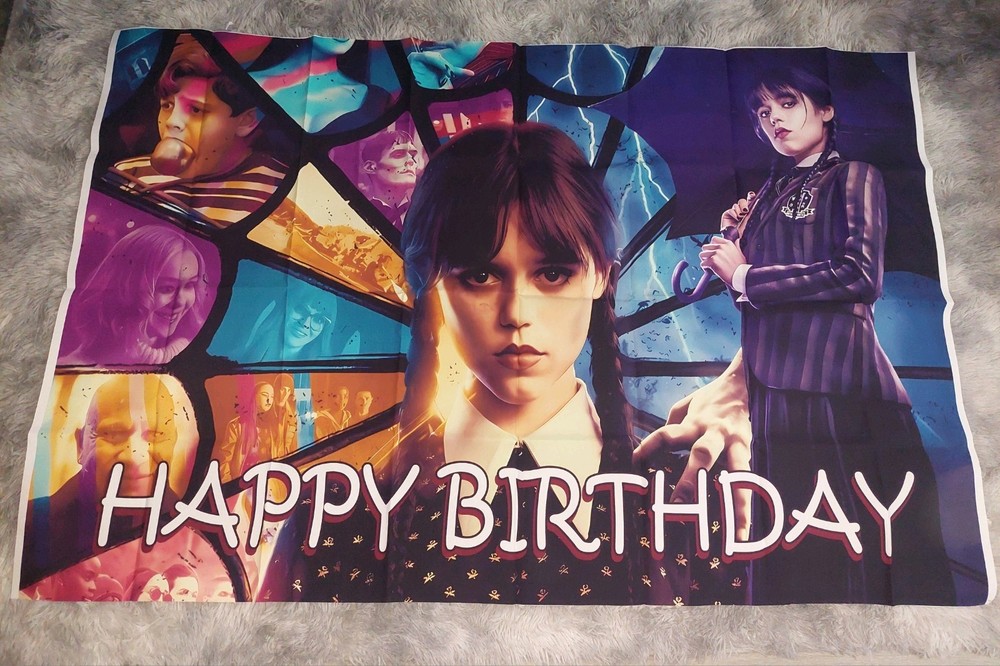 Wednesday Addams Happy Birthday Backdrop Banner Kids Vinyl 3x5ft and Tablecloth