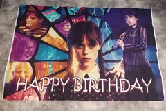 Wednesday Addams Happy Birthday Backdrop Banner Kids Vinyl 3x5ft and Tablecloth