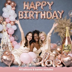 71-Piece Rose Gold Birthday Party Decorations – Balloons, Banner, Backdrop & Cur