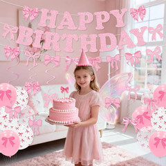 Bow Birthday Party Decorations, Pre-Strung Pink Bow Happy Birthday Banner, Cute