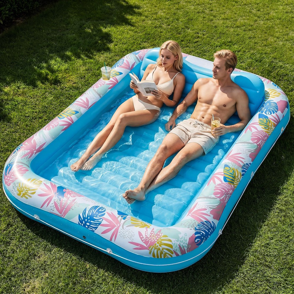 Tanning Pool Lounger Float 87″ x 63″ Adult Headrest Drink Holder Blow-Up Sun
