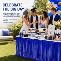 4-Pack Blue Foil Fringe Table Skirt, Disposable Metallic Tinsel Streamers, Photo