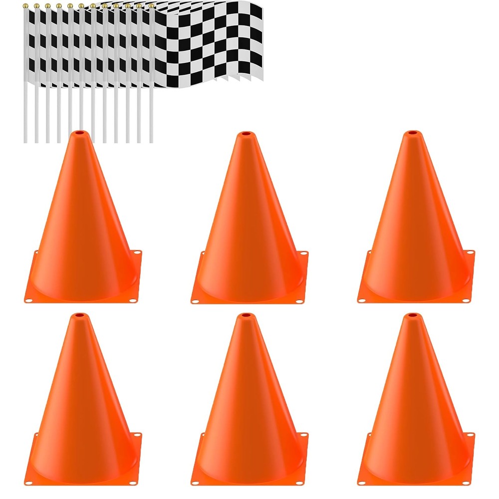 Traffic Cones with Racing Checkered Flags-6 Traffic Cones With Hole on Top, 1…