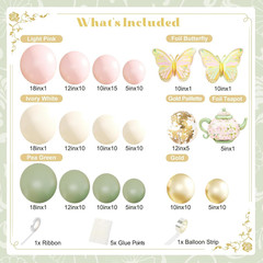 Tea Party Decorations Pink Sage Green Gold Balloon Garland Arch Kit with Teapot