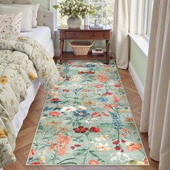 PureCozy Floral Runner Rug 2×7 Washable 2′ x 7′ (Runner), Classic Green