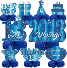 9-Pcs Blue Silver 13th Birthday Honeycomb Centerpieces – Perfect for Teens