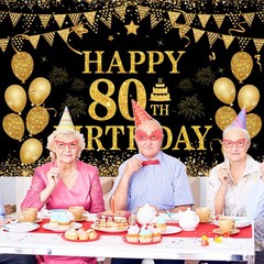 80th Birthday Decorations for Men Women – 71 x 45 inches, Black Gold