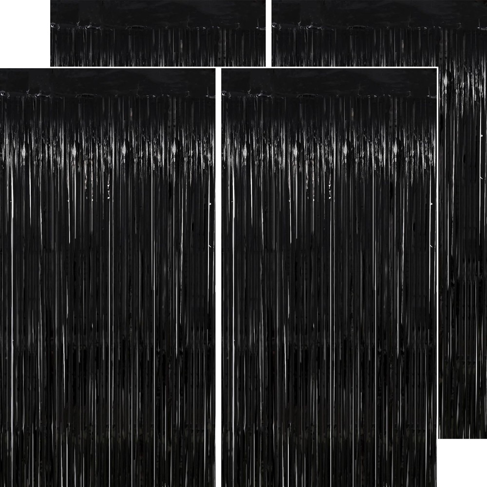 4 Pack 3.2×8.2 Ft Black Streamers Tinsel Foil Fringe Backdrop Curtains